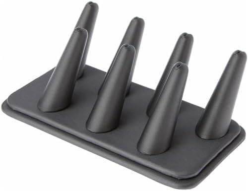 Plymor Gray Faux Leather Ring Finger Display, Seven on Rectangular Base, 6.75" W x 3.5" D x 2.25" H