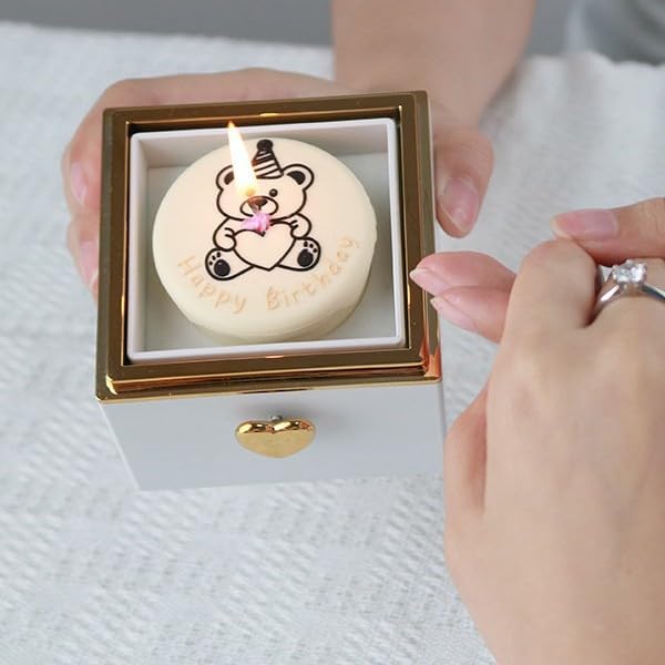 Magic Flip Jewelry Carousel with Heart Button Surprise, Rotating Transparent Gift Box - Bear Cake or Flower Design Organizer for Necklaces & Rings, Birthday Mothers Day Gifts for Women (White Bear)