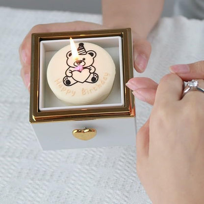 Magic Flip Jewelry Carousel with Heart Button Surprise, Rotating Transparent Gift Box - Bear Cake or Flower Design Organizer for Necklaces & Rings, Birthday Mothers Day Gifts for Women (White Bear)
