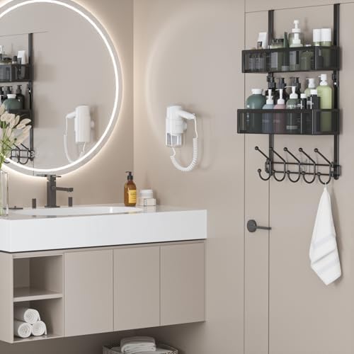 Adjustable Over The Door Hooks Organizer, Door Hanger Coat Rack with 2 Mesh Baskets and 10 Hooks, Back of Door Storage Organizer for Bedroom,Bathroom,Kitchen (Black) - Image 2
