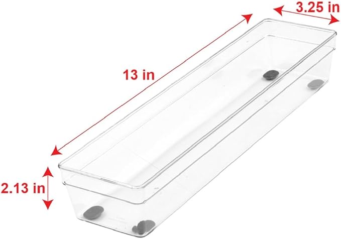 Glad Plastic Drawer Storage Tray – Heavy Duty Organizer Bin for Home, Kitchen, Bath, Bedroom, Office | Non-Slip Feet, 13" x 3.25", Clear