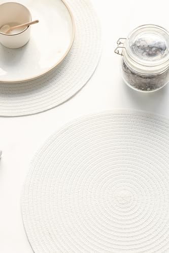 Floroom 15 Inch Round Braided Placemats Set of 6, Washable Heat Resistant Cotton Polyester Circle Place Mats for Kitchen Dining Table - White - Image 5
