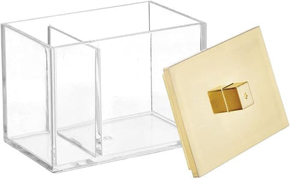 mDesign Modern Square Bathroom Vanity Countertop Storage Organizer Canister Jar for Cotton Swabs, Rounds, Balls, Makeup Sponges, Bath Salts - 2 Divided Sections - Clear/Soft Brass