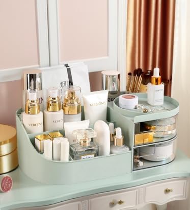 skin care organizer,Makeup Desk Organizer With Drawers,Countertop Organizer for Cosmetics,Vanity brush with Holder for Lipstick, Brushes, Eyeshadow, and Desktop Finishing Dresser (D-greener)