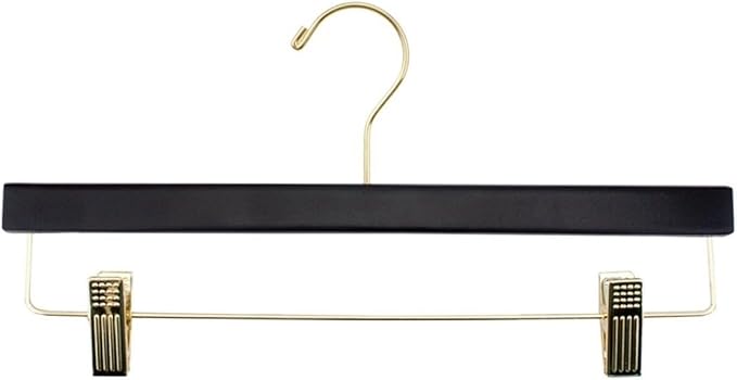 NAHANCO 14” Flat Wooden Skirt/Pant Hanger with Gold Hardware, Black (Pack of 100)