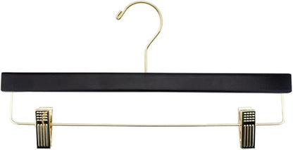 NAHANCO 14” Flat Wooden Skirt/Pant Hanger with Gold Hardware, Black (Pack of 100)