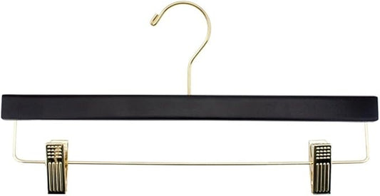NAHANCO 14” Flat Wooden Skirt/Pant Hanger with Gold Hardware, Black (Pack of 100)