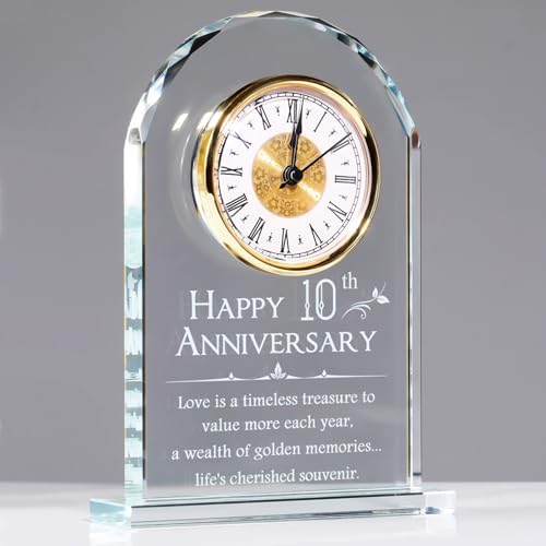 YWHL 10 Year Wedding Anniversary Clock Gifts for Couples, Laser Engraved 10th Anniversary Glass Keepsake for Him Her, 10 Year Wedding Gifts for Wife Husband (Battery not Included by YWHLDirect