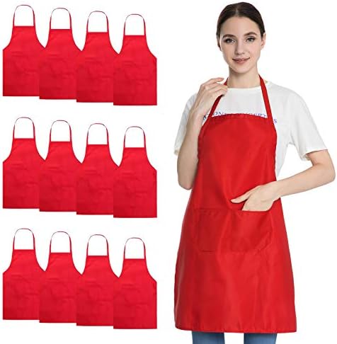 12 Pack Red Bib Apron with 2 Pockets Painting Event Party BBQ Cooking Kitchen Aprons Bulk for Women Girls Adults Chef (12, Red) by Hi+loyaya