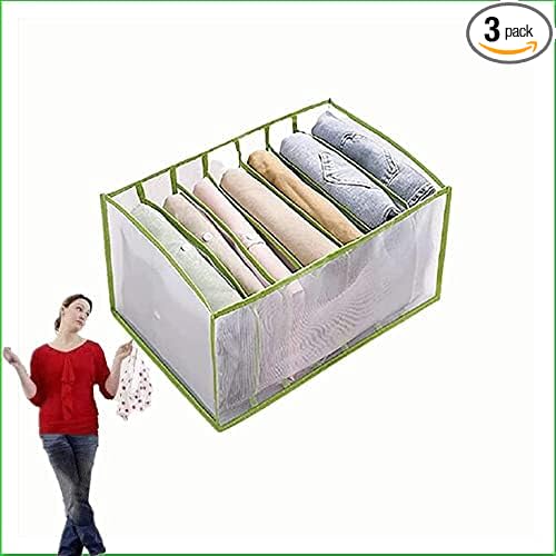 1PC/3PCS Wardrobe Clothes Organizer and Storage Grid For Jeans Drawers and Pants (Green,For Jeans/7 Grids/Medium)