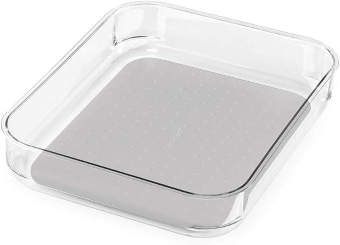 madesmart Medium Clear Storage Organizer Bin with Non-Slip Base & Soft-Grip Lining for Kitchen, Pantry, Office & Bath, Grey