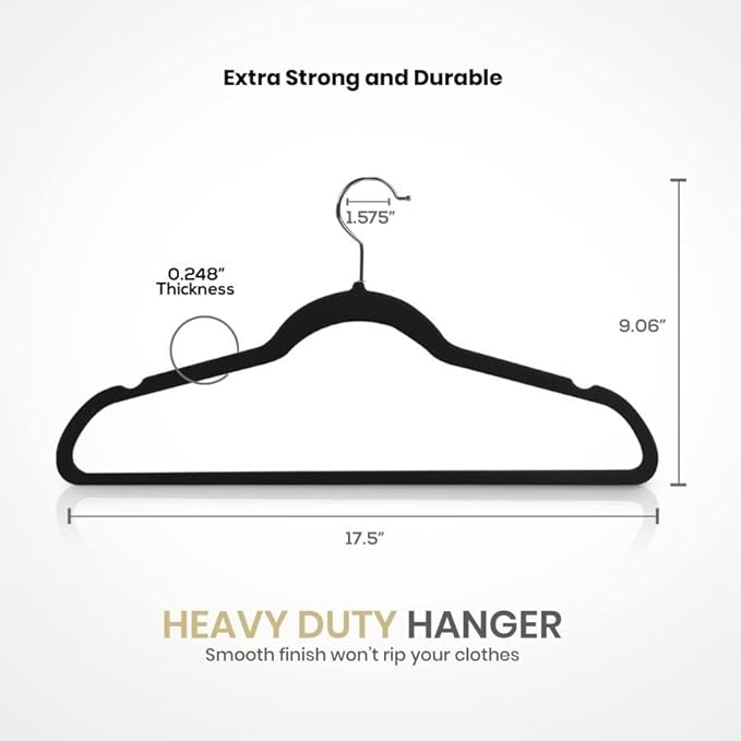 Velvet Clothing Hangers, Non Slip Ultra Slim Space Saving Design, 360 Degree Swivel Hook, Heavy Duty for Suits Coats Pants Dresses, 50 Pack Black