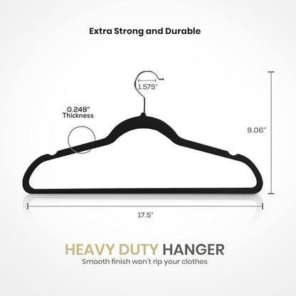 Velvet Clothing Hangers, Non Slip Ultra Slim Space Saving Design, 360 Degree Swivel Hook, Heavy Duty for Suits Coats Pants Dresses, 50 Pack Black