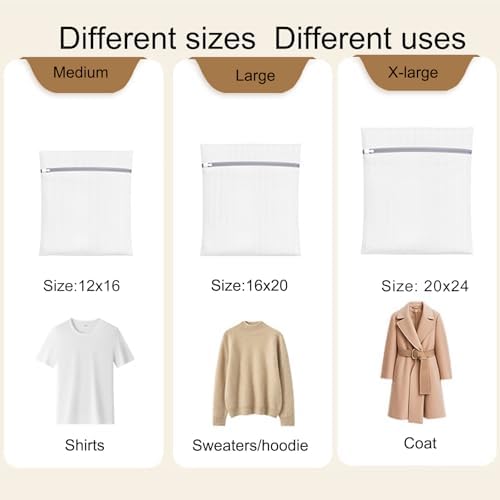 Mesh Laundry Bags for Washing Machine, Fine Mesh Delicates Bags 3 Pack Travel Storage Organize Bag for Clothes, Zippered Garment Wash Bag (XL L M - Image 3