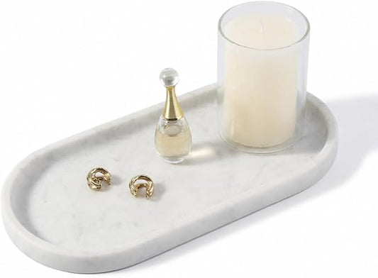 Koville Natural White Marble Tray for Home Decor, 10" x 5" Marble Vanity Tray for Bathroom Countertop Organizer Stone Trays, Catchall Tray for Perfume, Candles, Jewelry (Bianco Carrara)