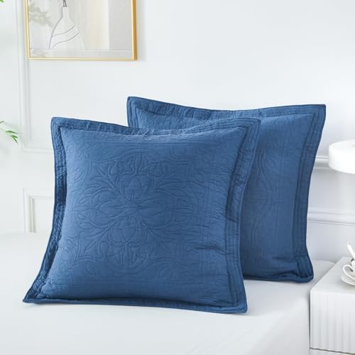 WINLIFE 100% Cotton Quilted Euro Sham Covers, 2 Pack Cotton 26'' x 26'' Pillow Covers, Soft and Breathable Euro Shams, Square Pillow Shams, Navy Blue - Image 4