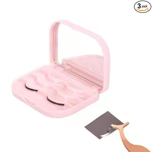 3 Tier Eyelash Storage Case Lash Dime Organizer Holder Box with Mirror Makeup Cosmetic Travel Case Empty False Lash Container (Pink)
