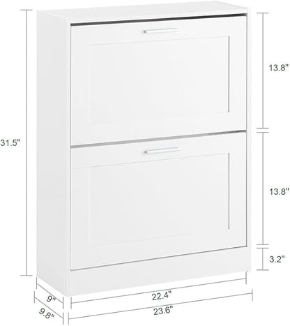 SoBuy Shoe Storage Cabinet Entryway, Slim Shoe Rack Freestanding, Narrow Shoe Organizer 2 Flip-Drawers Shoe Cupboard for Mudroom Front Door Entrance Hallway Bedroom, White, FSR137-W