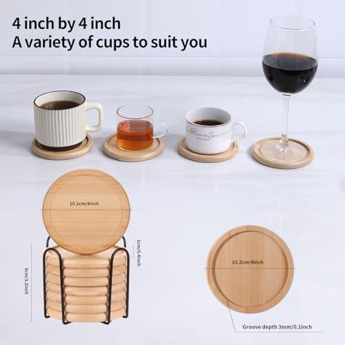 4 Inch Bamboo Drink Coasters Set with Holder, Non-slip and non-stick,Protect furniture from water stains and heat damage，Suitable for dining tables, kitchens, offices, Bars,Terrace. 【4 Pack 】 - Image 3