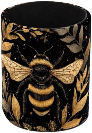 Faux Leather Pen Holder for Desk, Pencil Organizer Golden Bee Pen Cup Desk Decor Makeup Brush Holder Storage for Office Home by DragonBtu