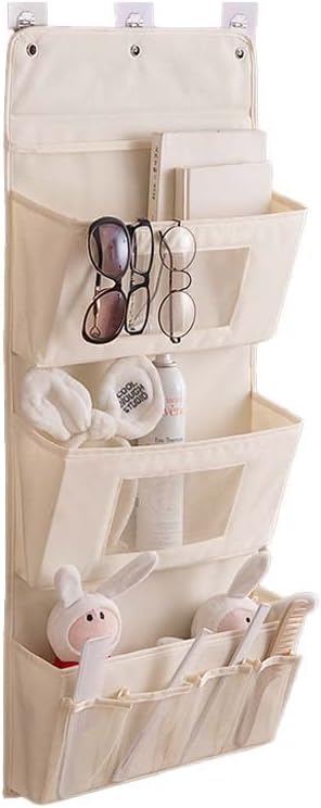 Over Door Hanging Storage Bags Foladble Multifunctional Storage Bags Organizer with 3Pcs Adhesive Wall Hooks for Wall/Bedroom/Bathroom/Door/Closet 15.7"×35.4×3.5” - Beige