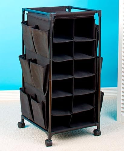 The Lakeside Collection Rolling Shoe Storage Unit with Fabric Cubbies - Blue Circles or Navy Floral - Gray Damask