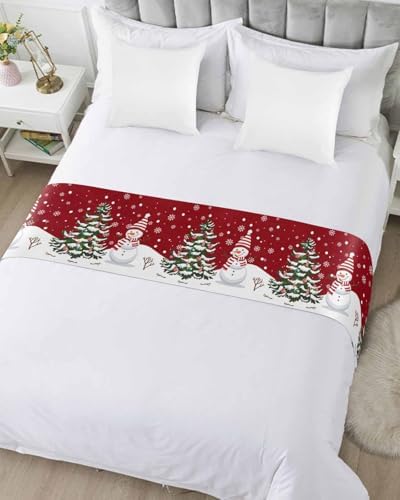 Christmas Tree Snowman Snowflakes Bed Runners for Bedroom Hotel,Decorative Bedding Scarf Red White Bed End Blanket Bedding Runner Scarves for Twin Size Bed,71x20in - Image 3