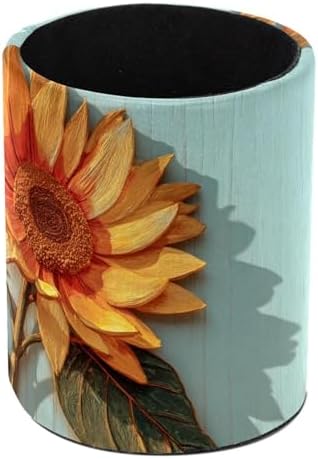 Faux Leather Pen Holder for Desk, Pencil Organizer Sunflower and Wooden Plank Pen Cup Desk Decor Makeup Brush Holder Storage for Office Home by DragonBtu