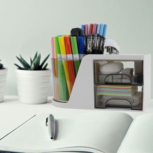 Desk Organizer with Rotating Pencil Pen Holder and 2 Small Drawers, Desk Caddy for Office Workspace Organization and Storage (White) - Image 5