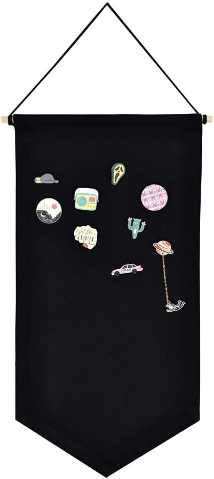 Tookie Hanging Brooch Pin Organizer, Canvas Jewelry Display Pennant, Badge Collection Board Banner Home Party Festival Decorative Storage Holder for Earrings/Necklace/Rings(Black,Size:M)