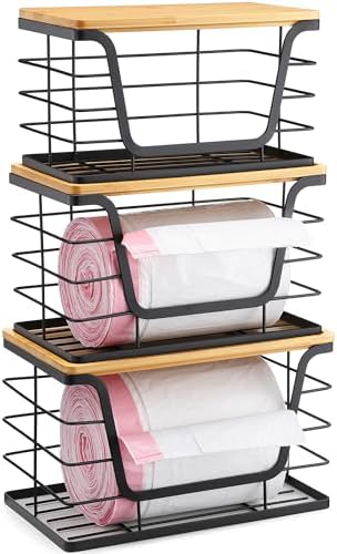 ALOCEO 3 Pack Stackable Storage Bins with Lids, Stainless Steel Trash Bag Dispenser Roll Holder for for Kitchen Sink, Laundry, Pantry Organizer and Storage by ALOCEOWallHooksAdhesive