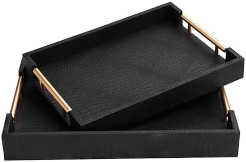 2 Piece Woven Leather Ottoman Tray with Gold Handles, Perfect Rectangular Serving Tray for Living Room, Coffee Table Tray as Thoughtful Gift for Home Decor Enthusiasts (Black) by MACVAD