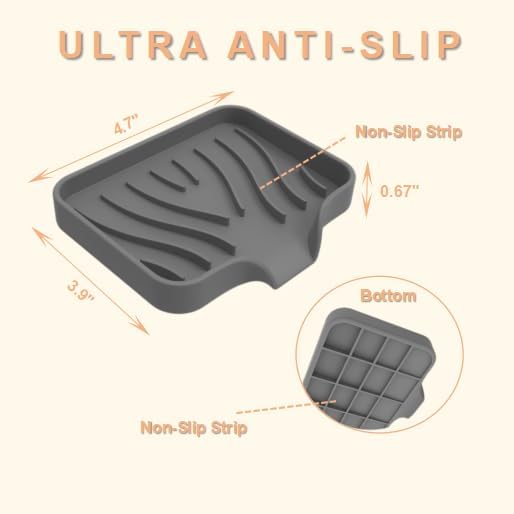 Silicone Soap Dish with Drainer | Quick-Dry Holder for Sponge, Dispenser, Scrubber, Bottle and Cup | for Kitchen, Shower and Bathroom (Grey, Small, 2-Pack)