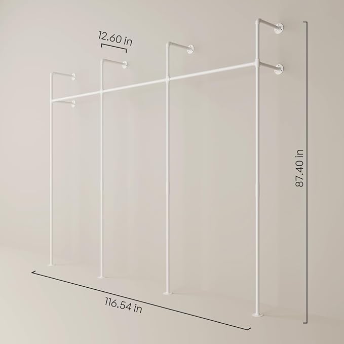 pamo White Clothing Rack Wall Mounted – Pipe Closet System in White Powder-Coated Steel – 117" W × 87" H, 750 lbs – Walk-In Closet & Bedroom