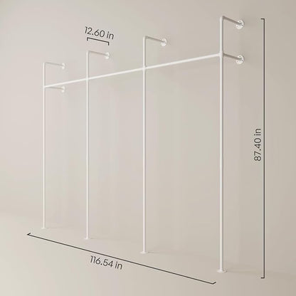 pamo White Clothing Rack Wall Mounted – Pipe Closet System in White Powder-Coated Steel – 117" W × 87" H, 750 lbs – Walk-In Closet & Bedroom