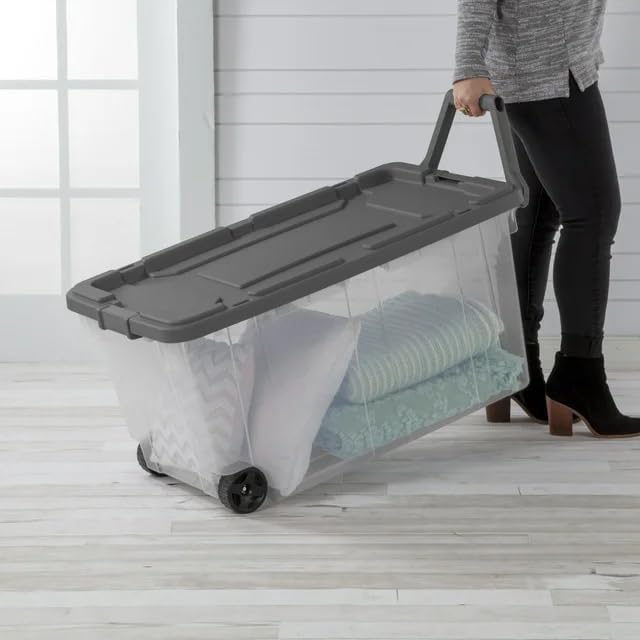 40-Gallon Wheeled Storage Bins (2-Pack) - Heavy Duty Plastic Totes with Lids & Handles - Industrial Garage/Utility Containers for Tools, Camping Gear (36.9" x 21.4") (Clear/Gray)