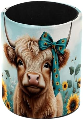 Faux Leather Pen Holder for Desk, Pencil Organizer Highland Cow Sunflower Pen Cup Desk Decor Makeup Brush Holder Storage for Office Home by DragonBtu