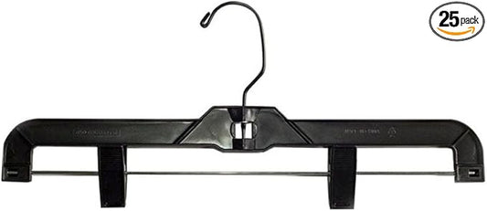 NAHANCO 14” Heavy Weight Plastic Skirt/Pant Hangers with Black Hook and Black Plastic Clips, Pack of 25