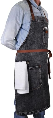 Black Denim Grill Apron with Pockets & Towel Loop for Men Women - Image 3
