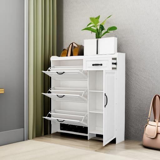Shoe Cabinet for Entryway, Freestanding Shoe Storage Cabinet with 3 Flip Drawers and Side Cabinet, Narrow Shoe Rack Organizer with Adjustable Shelves, Modern Slim Hidden Shoe Cabinet, White