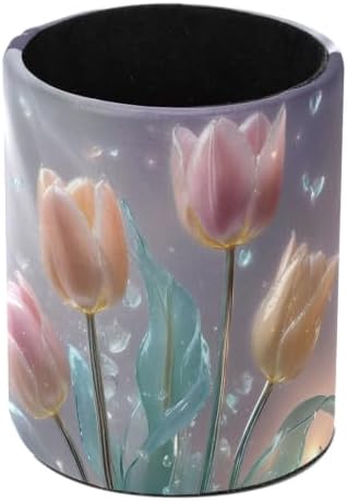 Leather Pen Holder for Desk, Crystal Tulip Pencil Cup Pen Organizer Makeup Brush Holder for Office Home Kids Countertop Desk Accessory Storage by Unknown