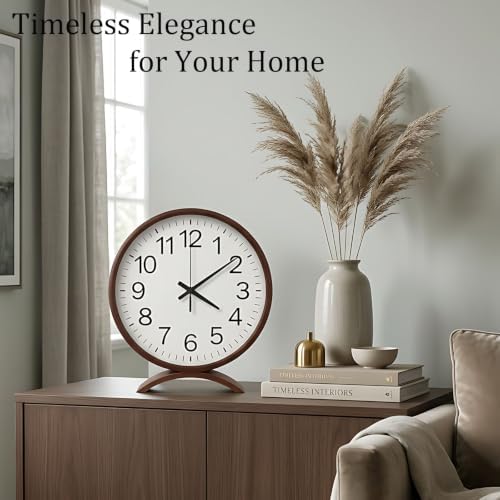 Maxspace Table Clock-8 Inch Silent Non-Ticking Wooden Timepiece Desk Clock, Battery Operated Decor Round Clock for Living Room Office Bedroom Decor (Walnut, White Dial, Black Hands) - Image 6