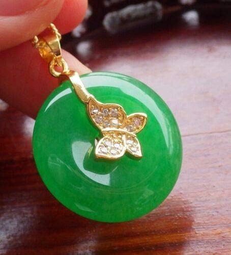 Yellow Gold Plate Green JADE Pendant Circle leaf Chain Diamond Imitation 101478, 24mm X 5mm