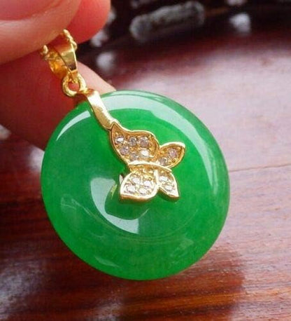 Yellow Gold Plate Green JADE Pendant Circle leaf Chain Diamond Imitation 101478, 24mm X 5mm