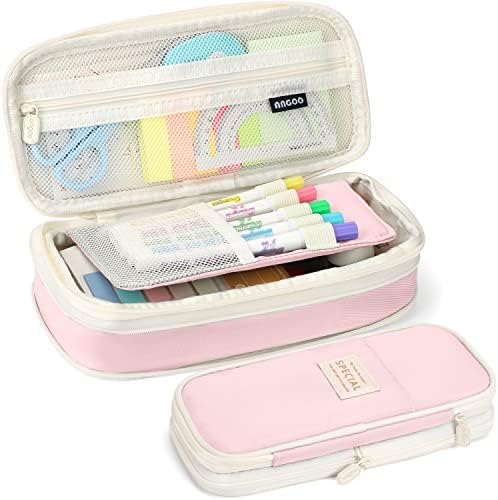 KPX Big Capacity Pencil Pen Case Bag with Zipper Office College School Storage Large Capacity Bag Pouch Holder Box Organizer Colorful (Pink) by KPX