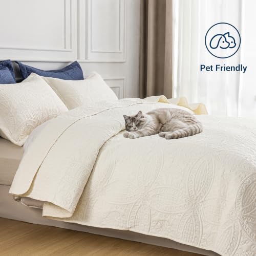 SheRest Queen Quilt Bedding Set - Soft Breathable Bed Quilts, Modern Style Embossed Bedspreads, Lightweight Microfiber Reversible Coverlet for All Seasons, Cream, 3 Pieces (1 Quilt,2 Pillow Shams) - Image 2