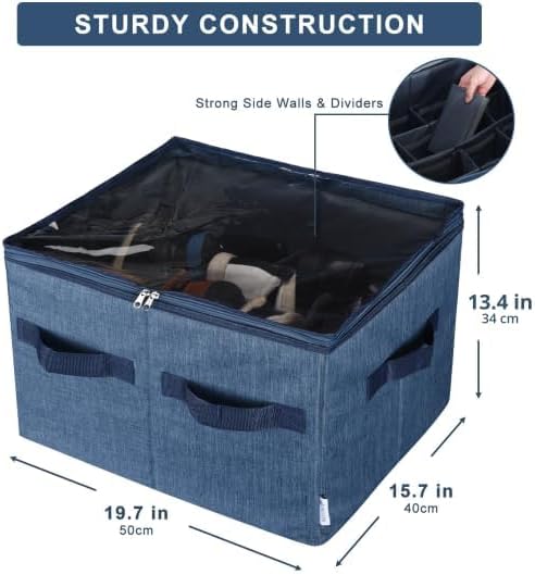 Moteph Shoe Organizer Closet Storage Solution with Clear Cover & Adjustable Dividers for Shoes, Handbags, Blankets, Linen, Clothing (Medium - 16 Pairs, Navy Blue)