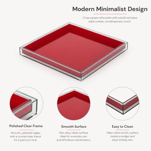 Red Acrylic Tray 12", Square Decorative Serving Tray for Coffee Table Decor - Image 3