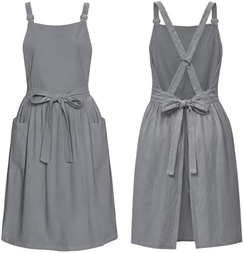 Apron for Women with Pockets Cotton Linen Metal Clip Adjust Kitchen Cooking Baking Gardening Dress Chef Apron by Cityelf