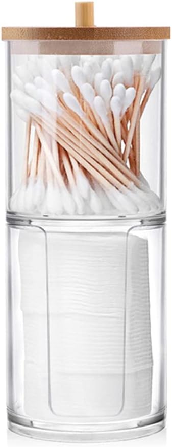 Qtip Holder Dispenser with Cotton Pads Jar Set Bamboo Lid Stackable Bathroom Counter Acrylic Organizer to Storage Cotton Ball Cotton Swab and Bath Salts